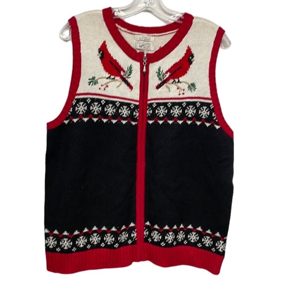 Christopher & Banks Petite Cardinals Snowflakes Christmas Zip Up Sweater Vest PL